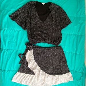 Black and White Polka Dot Top(L) and Wrap Skirt(XL) Set